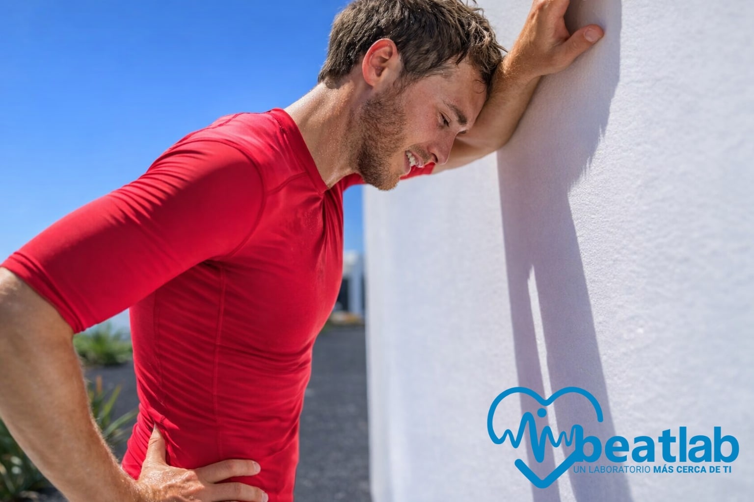Hombre con fatiga y cansancio extremo en verano apoyado en una pared, síntoma de deshidratación o anemia, evaluable con exámenes clínicos en BeatLab.