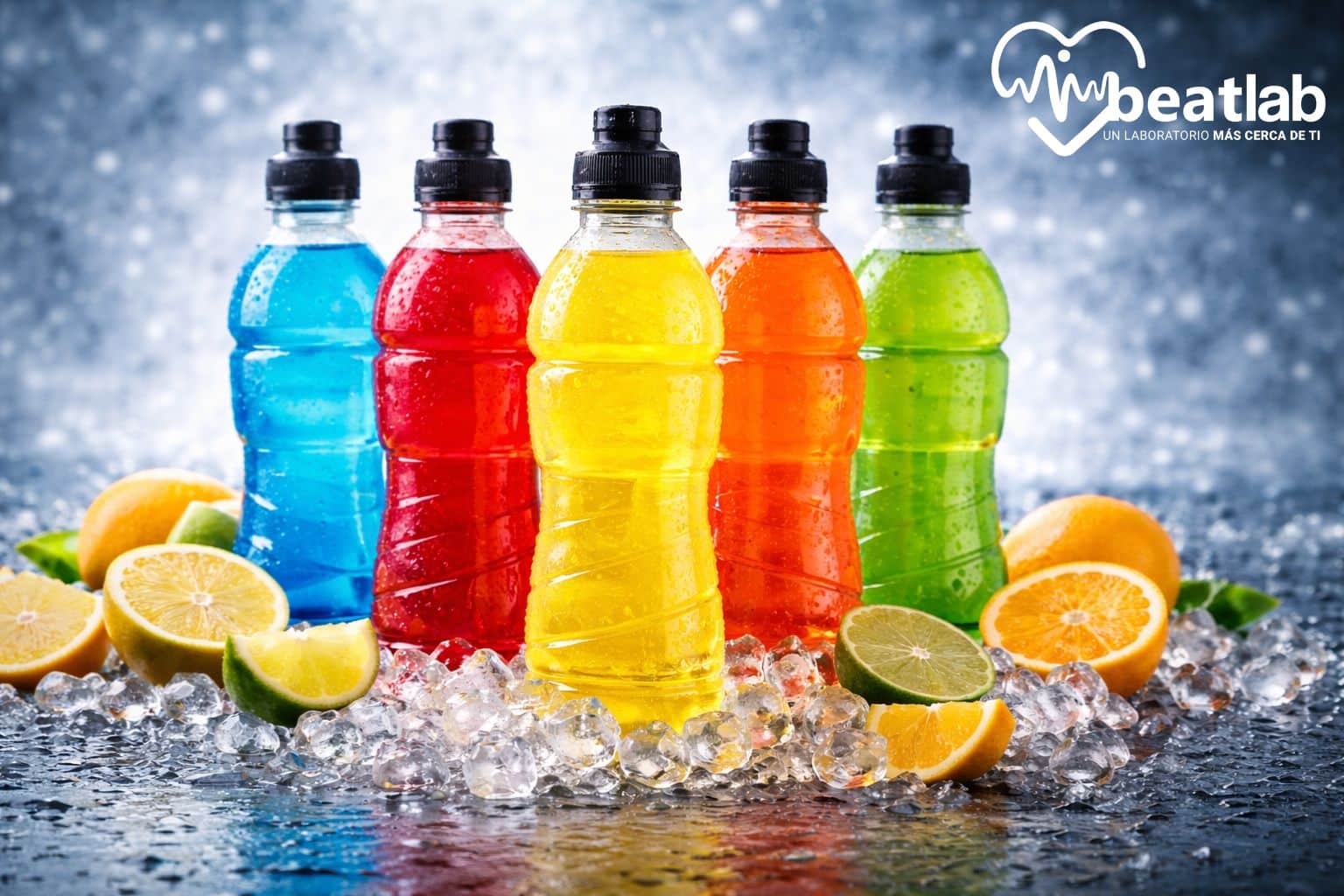 Botellas de bebidas isotónicas sobre hielo con frutas cítricas, usadas para hidratación y reposición de electrolitos después del ejercicio