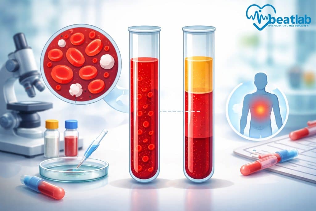 Ilustración del examen VHS o velocidad de hemosedimentación mostrando tubos de sangre y proceso inflamatorio en laboratorio clínico en Rancagua.
