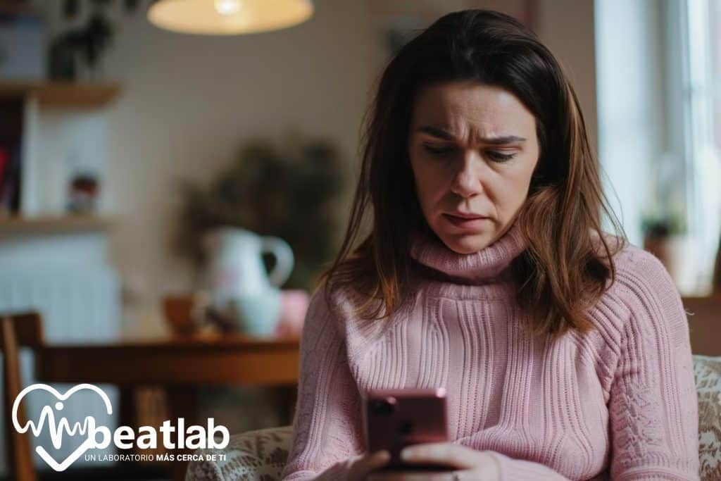Mujer buscando síntomas médicos en internet desde su celular