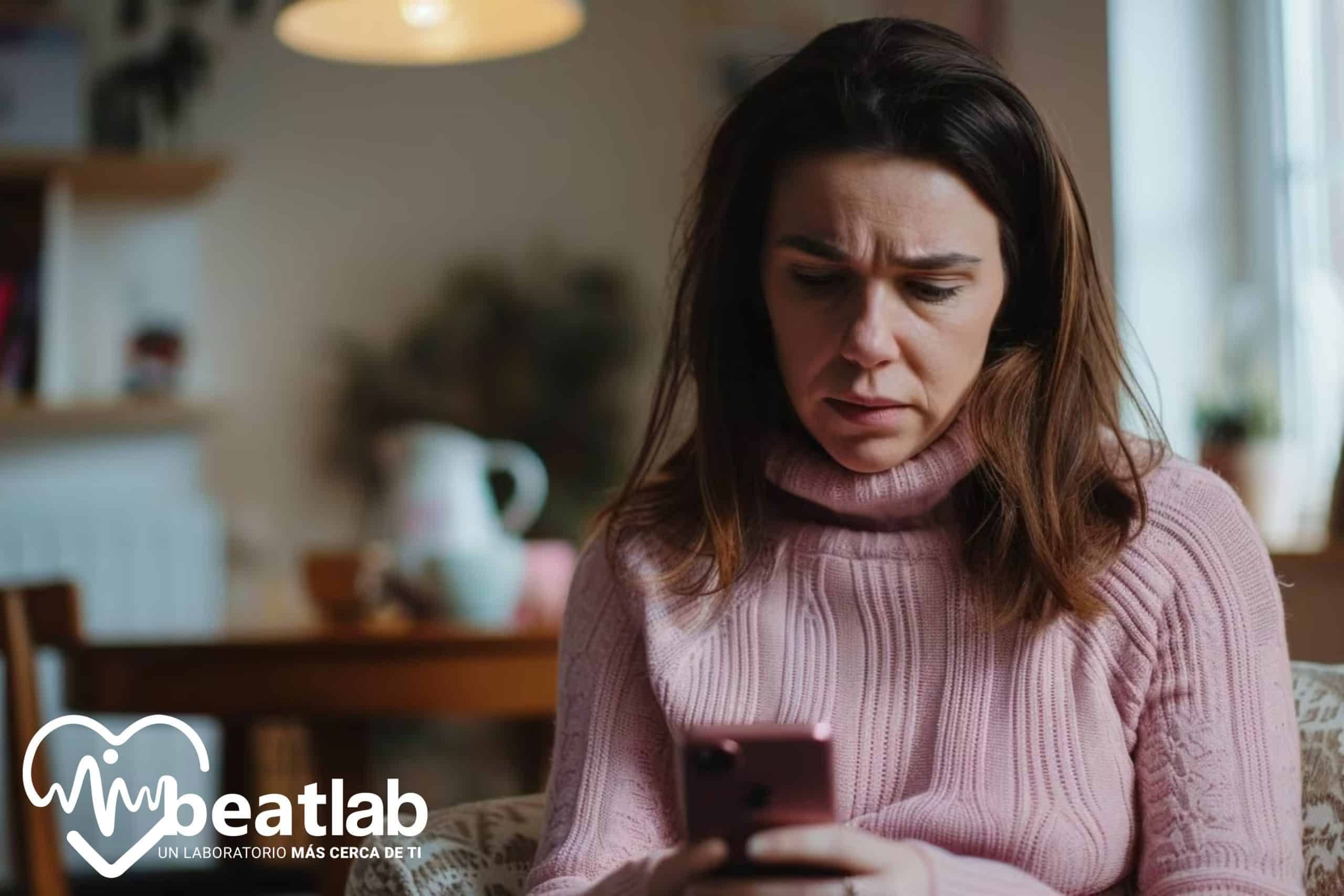 Mujer buscando síntomas médicos en internet desde su celular
