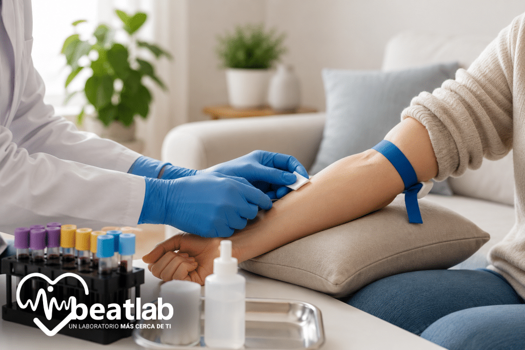 Profesional de Beatlab realizando una toma de muestra de sangre a domicilio a un paciente en la Región de O'Higgins.