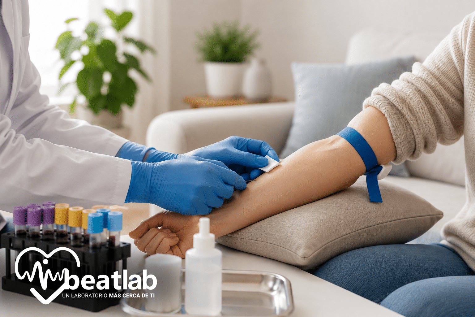 Profesional de Beatlab realizando una toma de muestra de sangre a domicilio a un paciente en la Región de O'Higgins.