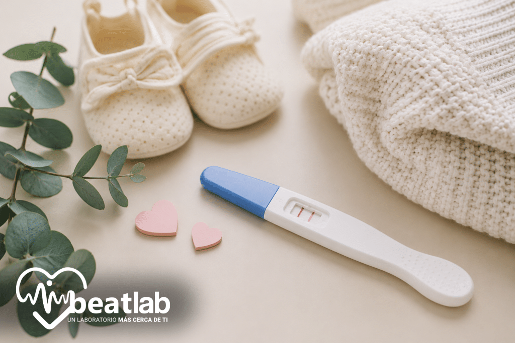 Test de embarazo junto a ropa y zapatitos de bebé, representando la confirmación temprana del embarazo mediante el examen Beta-hCG en sangre.