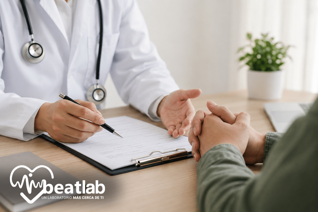 Médico conversando con un paciente durante un chequeo general preventivo para evaluar el estado de salud mediante exámenes de laboratorio en Beatlab Rancagua.